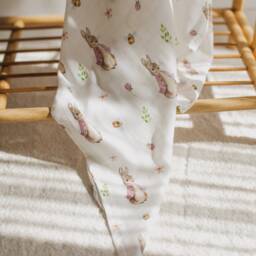 Organic Pink Bunny Muslin Swaddle Soft Peter Rabbit Design, Perfect For Baby Girls, Natural Colored Blanket - thumbnail 3