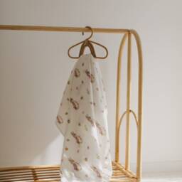 Organic Pink Bunny Muslin Swaddle Soft Peter Rabbit Design, Perfect For Baby Girls, Natural Colored Blanket - thumbnail 2