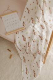 Organic Pink Bunny Muslin Swaddle Soft Peter Rabbit Design, Perfect For Baby Girls, Natural Colored Blanket
