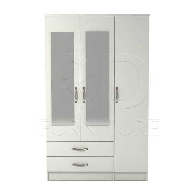 White Wardrobe, Triple Wardrobe Ready Assembled Classic 3 Door 2 Drawer Mirrored Wardrobe - image 1
