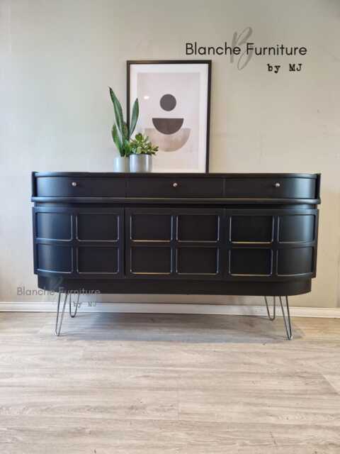 Mid Century Luxury Sideboard Nathan - Curved Teak Black Steel Hairpin Legs - image 1
