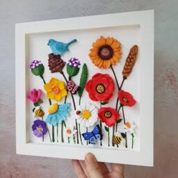 3D Flower Wall Art Handmade Ceramic Clay Floral Sculpture With Bird - thumbnail 2