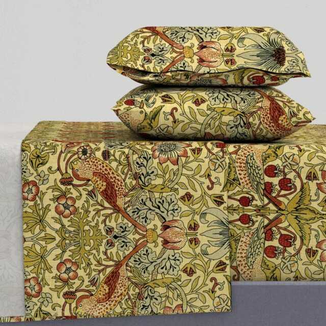 Victorian Sheets - Strawberry Thief By Peacoquettedesigns Vines Birds Botanical Damask Cotton Sateen Sheet Set Bedding Spoonflower - image 1