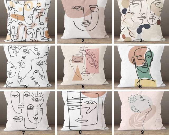 Line Art Face Themed Throw Pillows/Abstract Cartoon Woman Cushion Cover/ Boho Illustration/Body Silhouette/Modern Wedding Gift - image 1