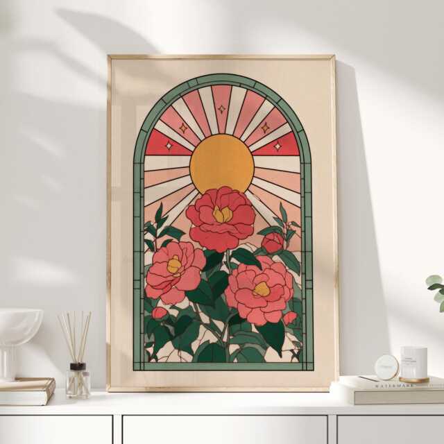 Stained Glass Floral Print - Art Nouveau Style Wall With Camellias & Sunburst Arts & Crafts Inspired Poster - image 1