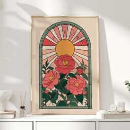 Stained Glass Floral Print - Art Nouveau Style Wall With Camellias & Sunburst Arts & Crafts Inspired Poster - thumbnail 1