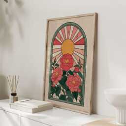 Stained Glass Floral Print - Art Nouveau Style Wall With Camellias & Sunburst Arts & Crafts Inspired Poster - thumbnail 2