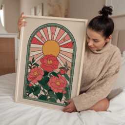 Stained Glass Floral Print - Art Nouveau Style Wall With Camellias & Sunburst Arts & Crafts Inspired Poster - thumbnail 3