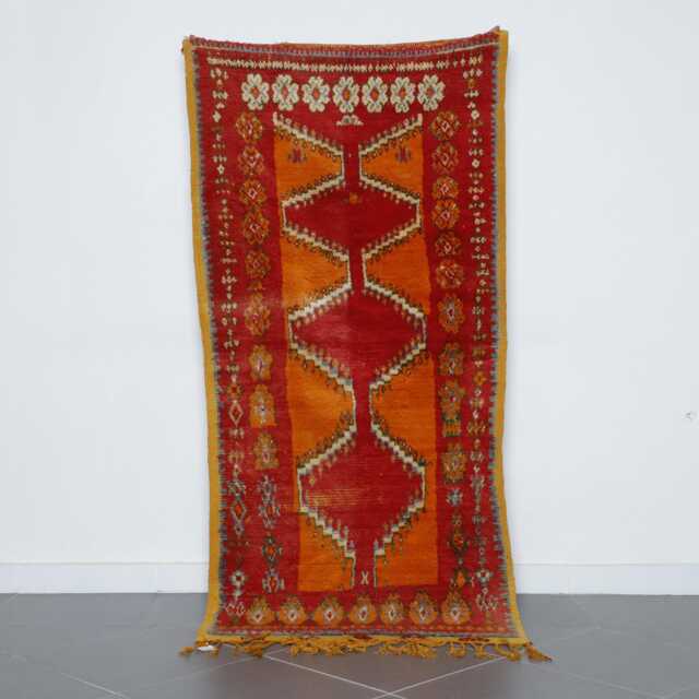 Handwoven Moroccan Berber Rug Red & Orange Tribal Wool Carpet 7x3.6 Ft - image 1