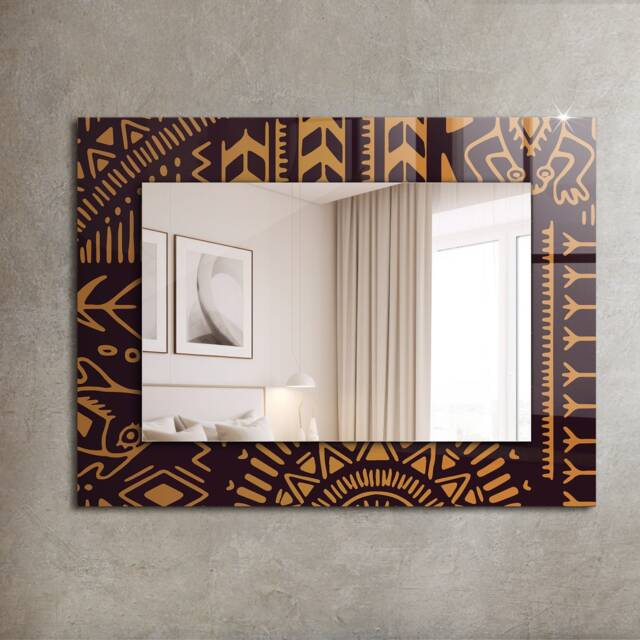 Ethnic Pattern Mirror, Rectangular Mirror With Frame, Brown Printed Decorative Wall For Entrance - image 1