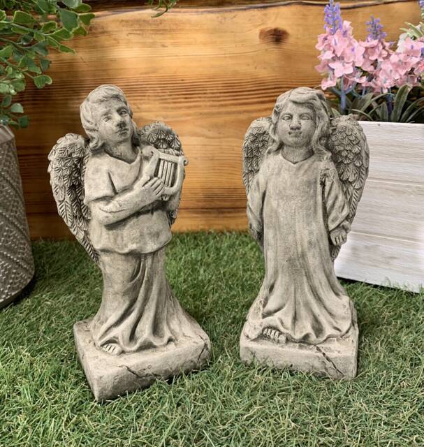Stone Garden Pair Of Small Standing Angel Cherub Memorial Gift Ornament - image 1
