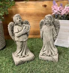Stone Garden Pair Of Small Standing Angel Cherub Memorial Gift Ornament - thumbnail 1