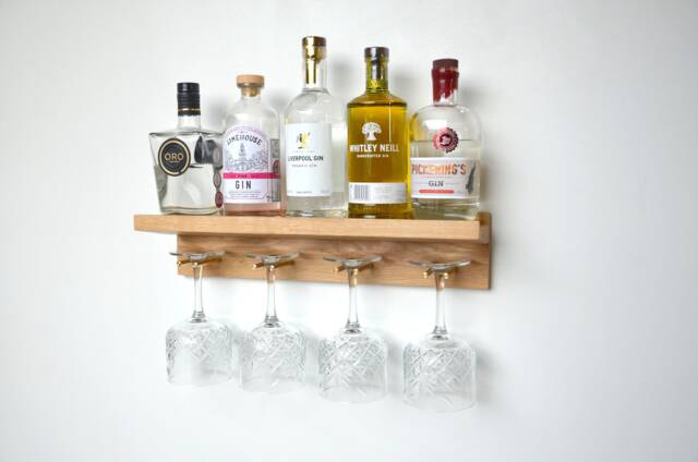 Gin & Wine Shelf, Floating Shelf For Bottles Glasses Made From Oak Brass - image 1