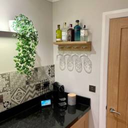 Gin & Wine Shelf, Floating Shelf For Bottles Glasses Made From Oak Brass - thumbnail 3