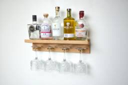 Gin & Wine Shelf, Floating Shelf For Bottles Glasses Made From Oak Brass - thumbnail 1