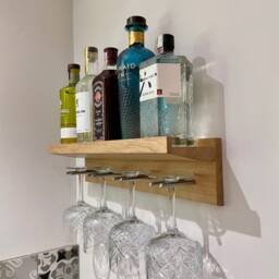 Gin & Wine Shelf, Floating Shelf For Bottles Glasses Made From Oak Brass - thumbnail 2