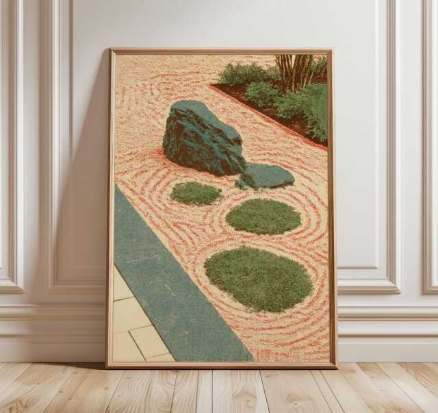 Zen Garden Wall Art, Japanese Rock Print, Minimalist Raked Sand Landscape - image 1