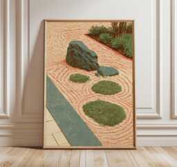 Zen Garden Wall Art, Japanese Rock Print, Minimalist Raked Sand Landscape - thumbnail 1