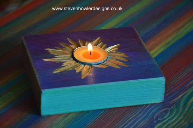 Wood Tealight Candle Holder Old Boat Style Purple & Turquoise With Unique Coastal Cottage Carved Sunshine Centre Gold Highlighting - image 1