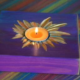 Wood Tealight Candle Holder Old Boat Style Purple & Turquoise With Unique Coastal Cottage Carved Sunshine Centre Gold Highlighting - thumbnail 2