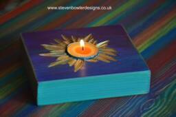 Wood Tealight Candle Holder Old Boat Style Purple & Turquoise With Unique Coastal Cottage Carved Sunshine Centre Gold Highlighting - thumbnail 1