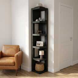 Valora Solid Wood Corner Bookshelf in Ebony Black Colour - Open Bookcase, Rustic Design - thumbnail 1
