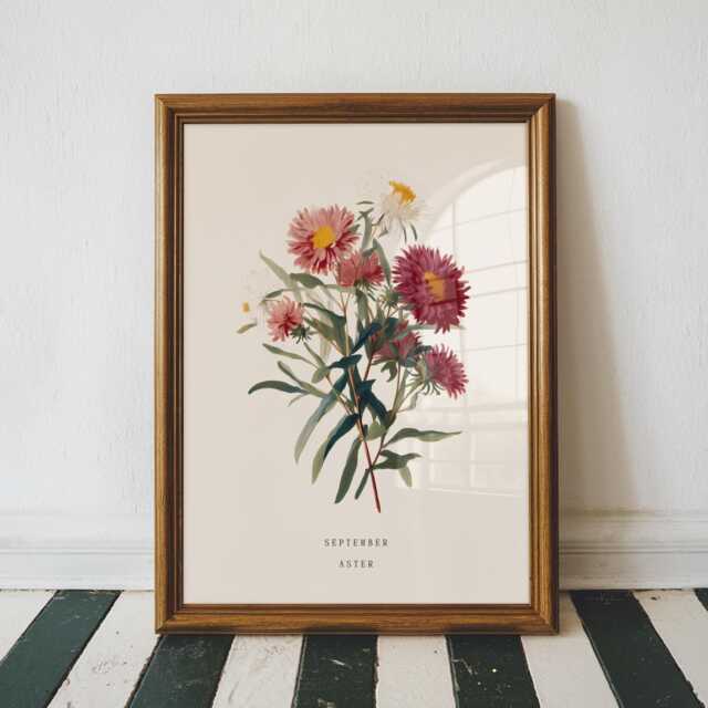 September Aster Birth Flower Print - Vintage Botanical Wall Art, Birthday Gift For Her - image 1