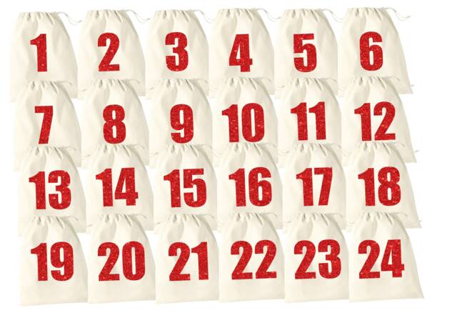 Set Of 24 Glitter Print Christmas Advent Calendar Cotton Sacks