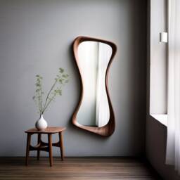 Real Walnut Wood Full Length Mirror Handmade Asymmetrical Farmhouse Home Decor, Irregular Wooden Frame - thumbnail 3