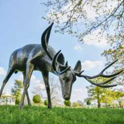 Brushed Bronze Grazing Buck Garden Sculpture, Cast Aluminium Buck, Life Size Stag, Like Statue, Gift Idea, Highly Detailed - thumbnail 3