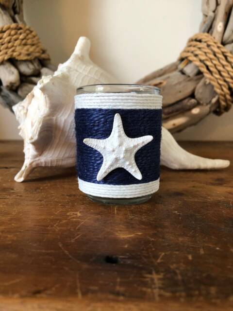 Nautical Jute Wrapped Candle Holder Navy Stripe, Starfish Decor - image 1