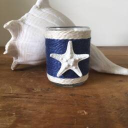 Nautical Jute Wrapped Candle Holder Navy Stripe, Starfish Decor - thumbnail 2