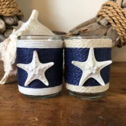 Nautical Jute Wrapped Candle Holder Navy Stripe, Starfish Decor - thumbnail 3
