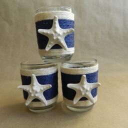 Nautical Jute Wrapped Candle Holder Navy Stripe, Starfish Decor - thumbnail 4