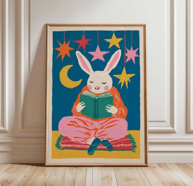 Reading Bunny Poster, Nursery Animal Print, Children's Wall Art - image 1