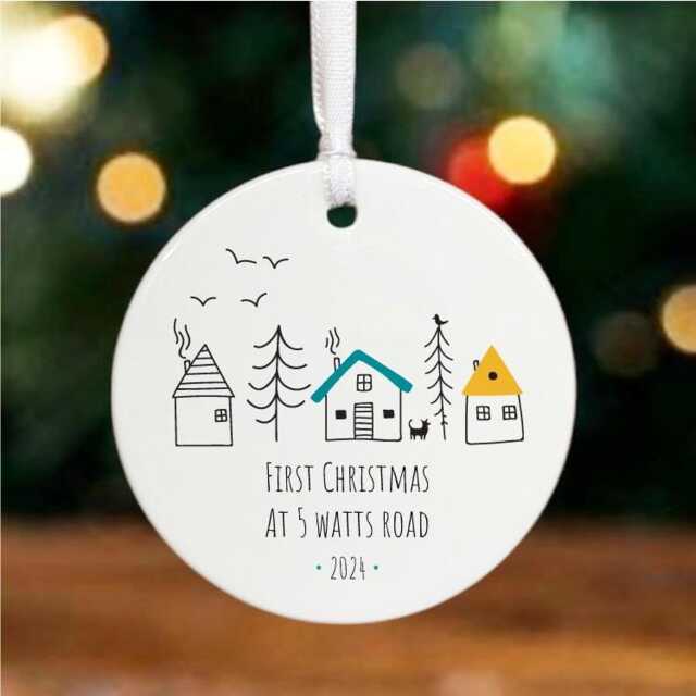 First Christmas New Home Personalised Bauble, Porcelain Hanging Decoration, House Keepsake Ornament, Tree Decoration Gift - image 1