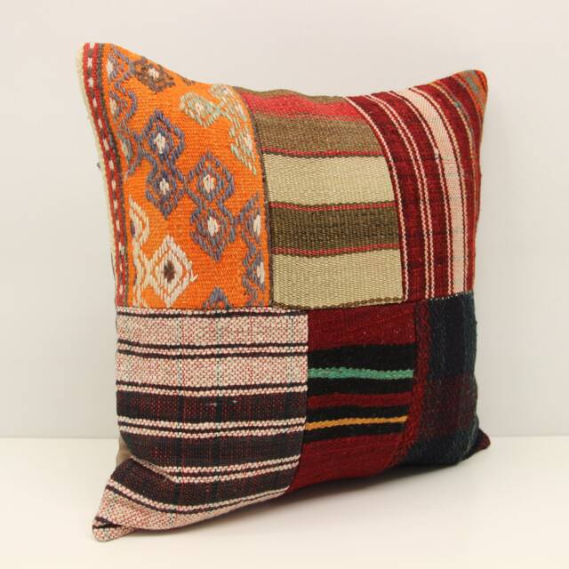 Patchwork Kilim Pillow Cover, Turkish Handwoven Accent Cushion - 18x18 Inch - image 1