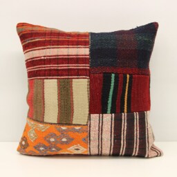 Patchwork Kilim Pillow Cover, Turkish Handwoven Accent Cushion - 18x18 Inch - thumbnail 2