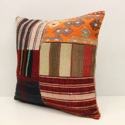 Patchwork Kilim Pillow Cover, Turkish Handwoven Accent Cushion - 18x18 Inch - thumbnail 3