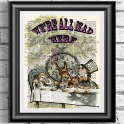 Alice in Wonderland Art Print Mad Tea Party On Antique Dictionary Page - thumbnail 1