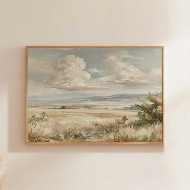 Horse Pasture Poster, Blue Sky Landscape Print, Country Wall Art, Paper - image 1