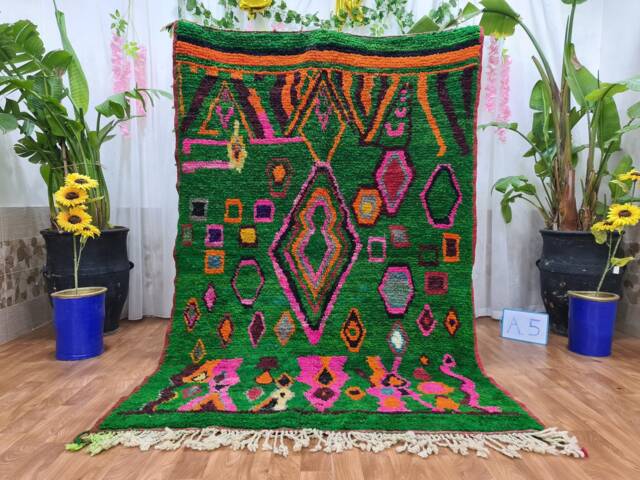 Handwoven Wool Moroccan Rug - Green Berber Tribal Carpet, Colorful Abstract Design - image 1