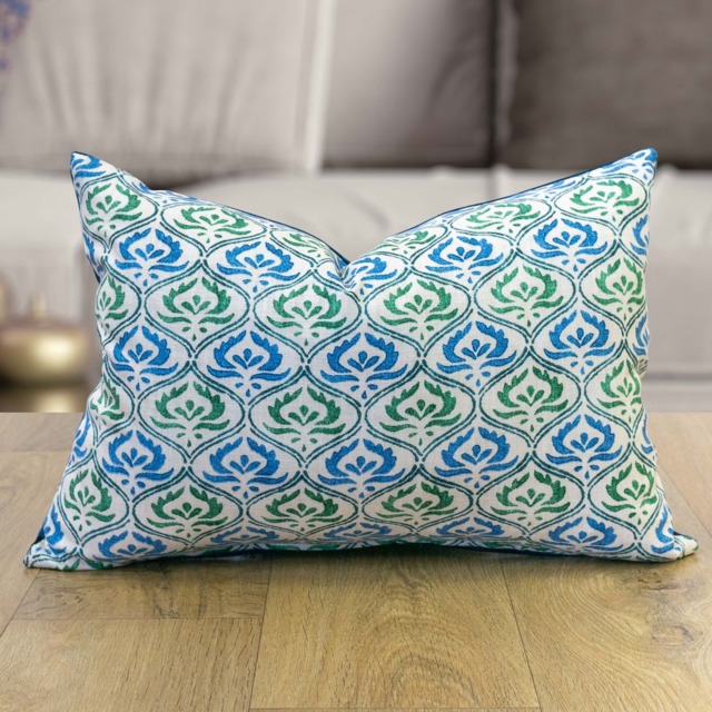Tamil Batik Boudoir Cushion. Jade Green & Blue Indonesian Inspired Geometric Floral Emblem Design. Eco-Friendly Cotton & Velvet, 17x12 - image 1