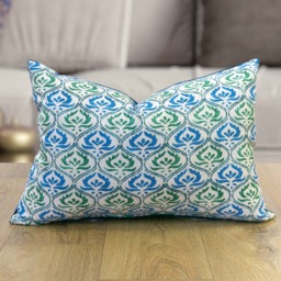 Tamil Batik Boudoir Cushion. Jade Green & Blue Indonesian Inspired Geometric Floral Emblem Design. Eco-Friendly Cotton & Velvet, 17x12 - thumbnail 1
