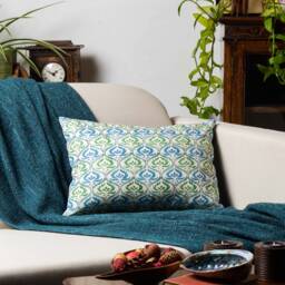 Tamil Batik Boudoir Cushion. Jade Green & Blue Indonesian Inspired Geometric Floral Emblem Design. Eco-Friendly Cotton & Velvet, 17x12 - thumbnail 3