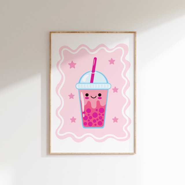 Cute Bubble Tea Wall Print, Pink Retro Happy Boho Art For Girls Bedroom Or Playroo - image 1