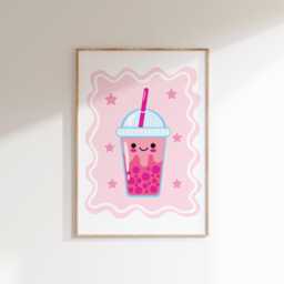 Cute Bubble Tea Wall Print, Pink Retro Happy Boho Art For Girls Bedroom Or Playroo - thumbnail 1