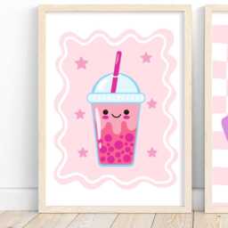 Cute Bubble Tea Wall Print, Pink Retro Happy Boho Art For Girls Bedroom Or Playroo - thumbnail 3