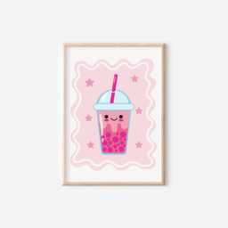 Cute Bubble Tea Wall Print, Pink Retro Happy Boho Art For Girls Bedroom Or Playroo - thumbnail 2
