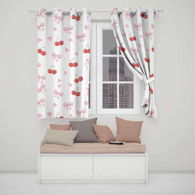 Pink Cherry Bow Eyelet Blackout Curtains Cute Window Drapes Coquette Fruit Pattern Curtain Panels Thermal Darkening - image 1